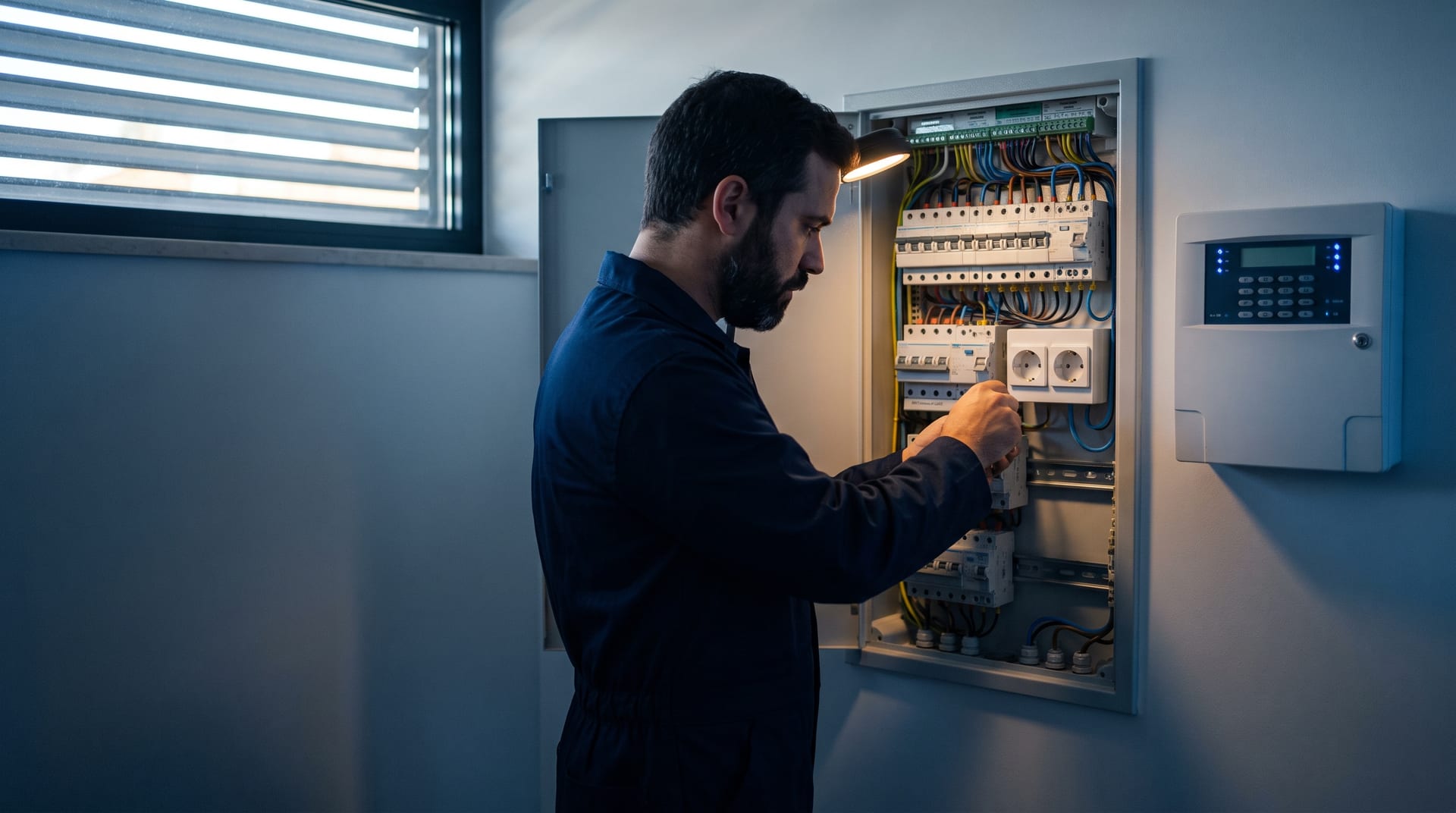 Técnico a trabalhar no interior de um quadro eléctrico aberto, com disjuntores e cablagem à vista e uma central de alarme na parede ao lado.
